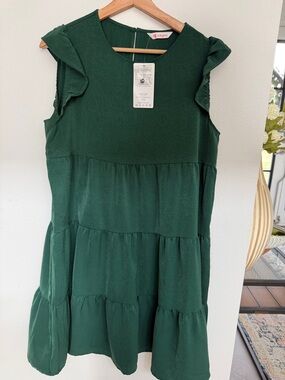 Kirundo Emerald Tiered Midi Dress with Flutter Shoulders